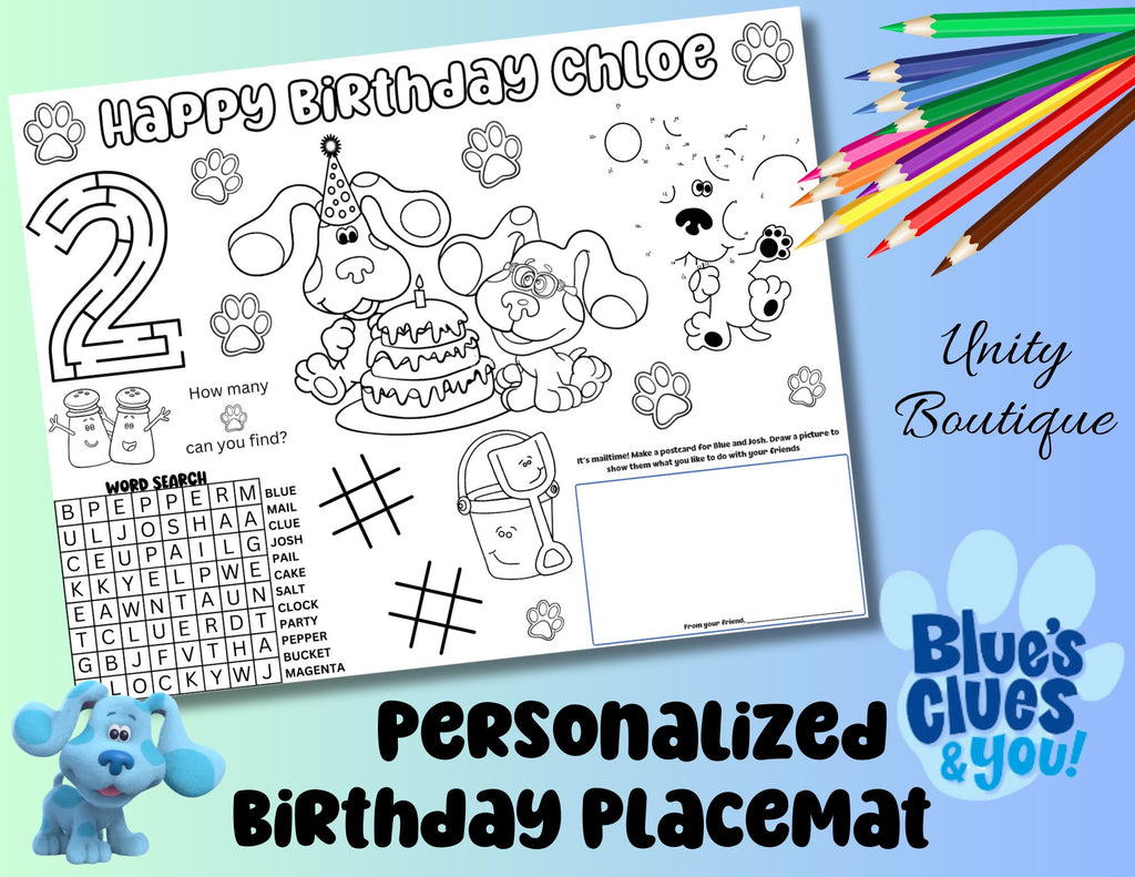 Personalized Blues Clues Birthday Activity Placemat, Blues Clues Party Favor