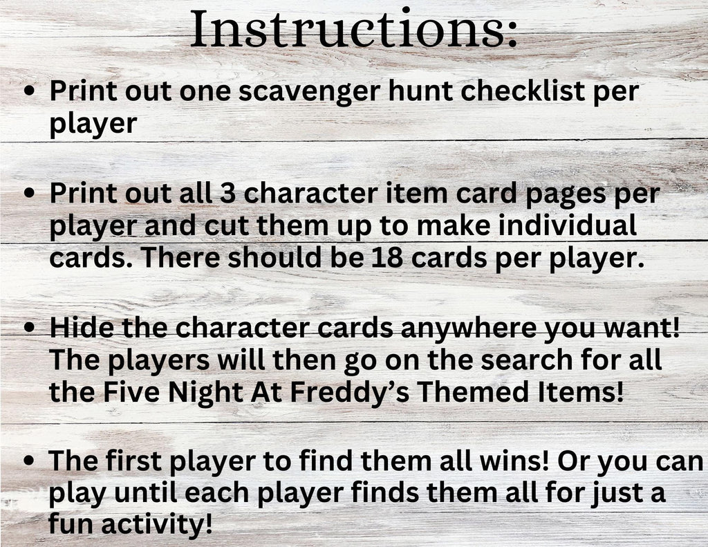 FNAF Scavenger Hunt Game, Printable FNAF Party Game, Freddy Fazbear Scavenger Hunt, FNAF Pizza Party Favors, Five Nights Instant Download