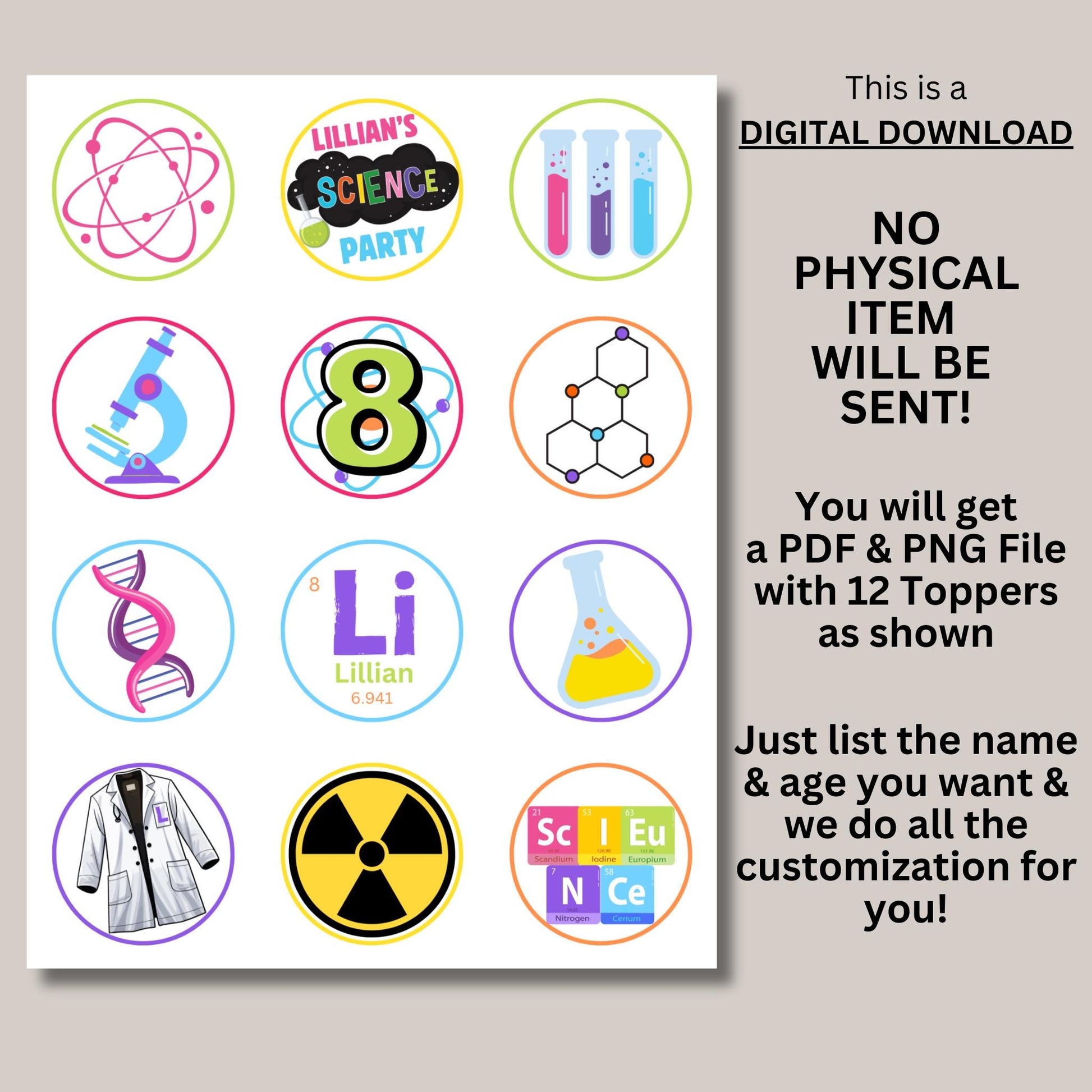 Personalized Science Party Cupcake Toppers, Science Lab Party Supplies, Mad Scientist Birthday Cupcake Toppers