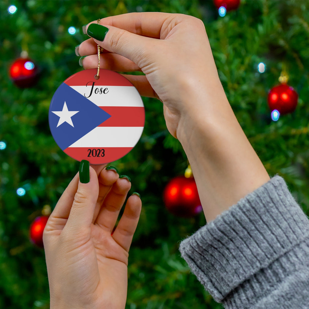 Personalized Puerto Rico Rican Flag Inspired Red Blue White Round Porcelain Ceramic Christmas Ornament Gift Decoration Latina Trip Souvenir