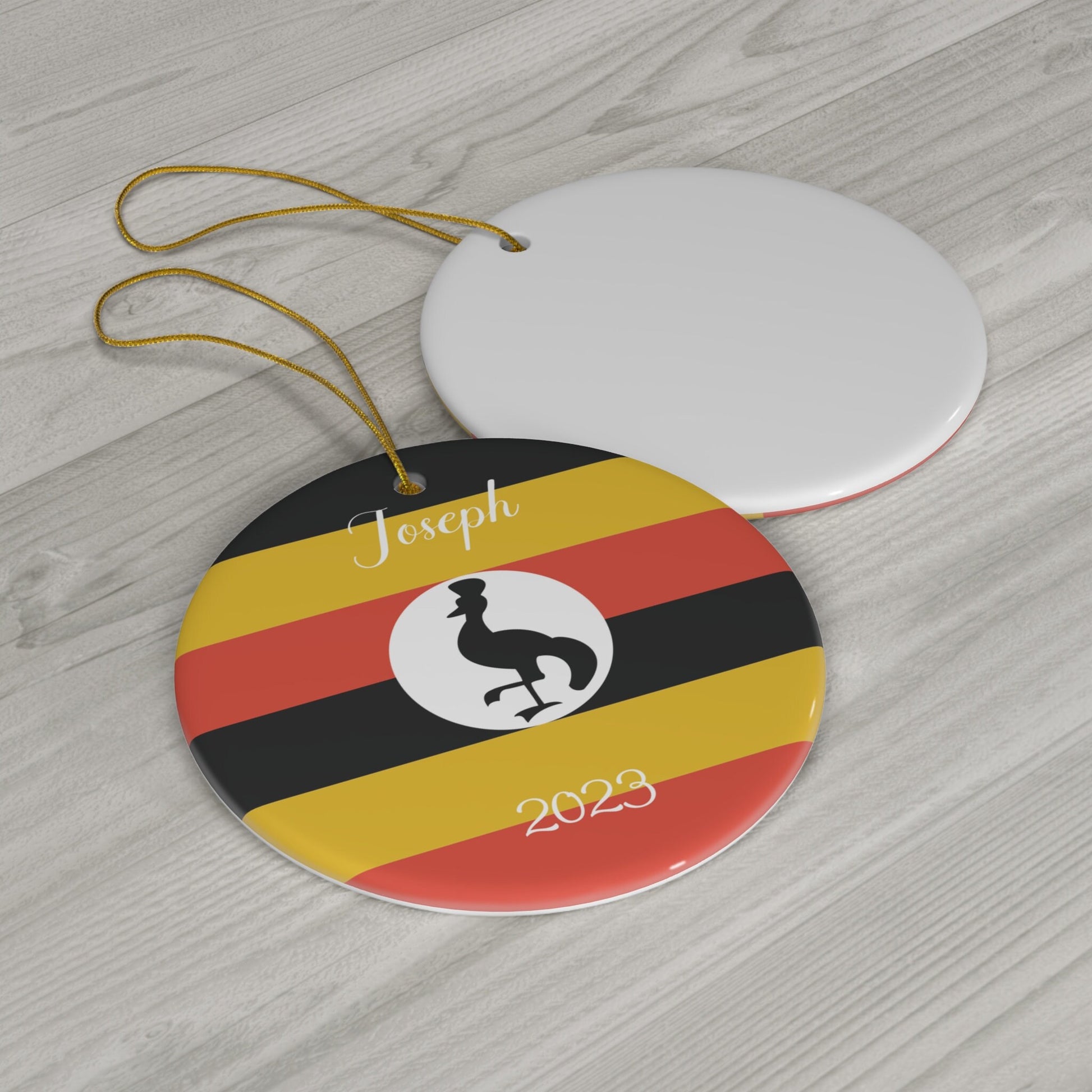 Personalized Uganda Christmas Ornament Ugandan Flag Yellow Red Black Round Ceramic Gift Decoration Holiday World Travel Themed Africa Custom