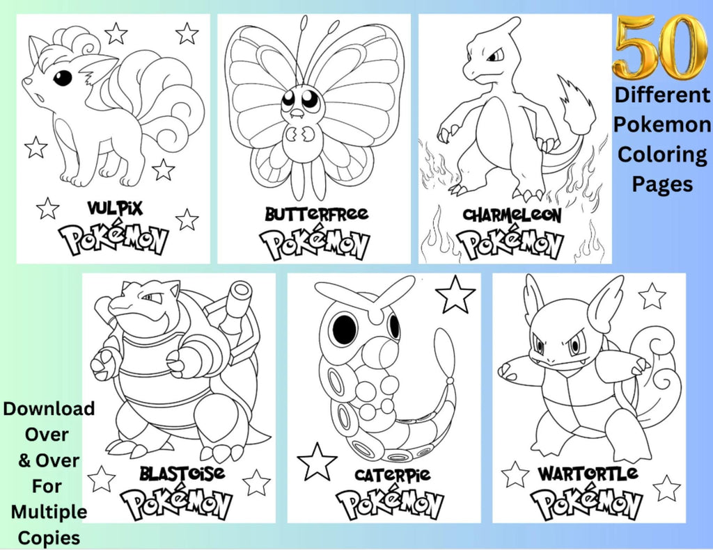 50 Pokemone Character Coloring Pages, Instant Download, Printable Gotta Catch Them All Pokemone Coloring Pages, POKmon Go Party Favors