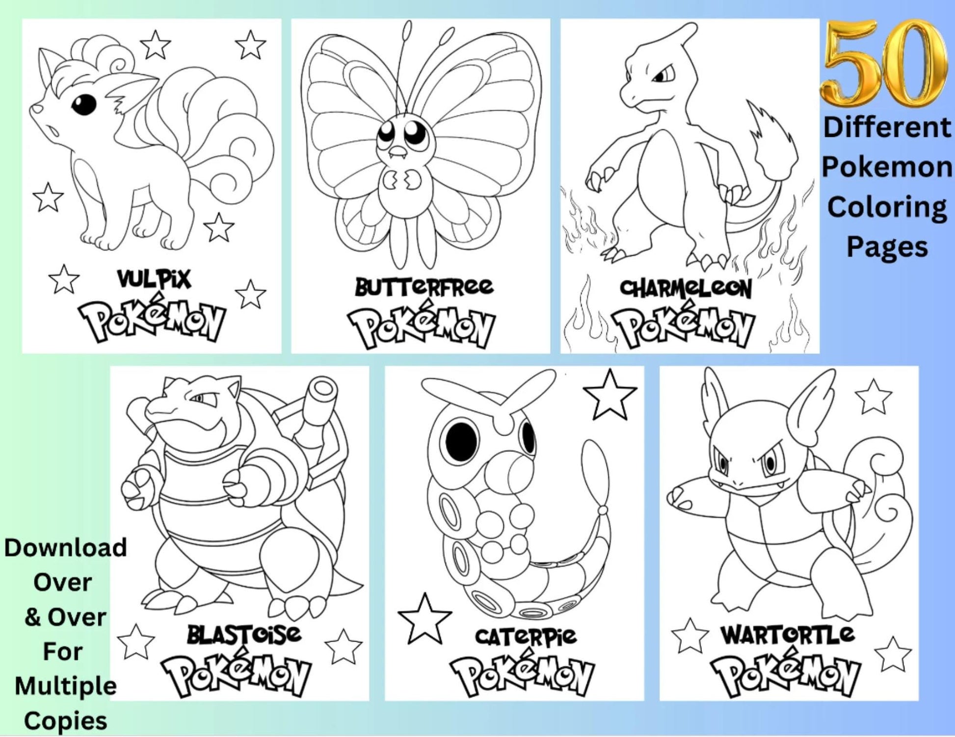 50 Pokemone Character Coloring Pages, Instant Download, Printable Gotta Catch Them All Pokemone Coloring Pages, POKmon Go Party Favors