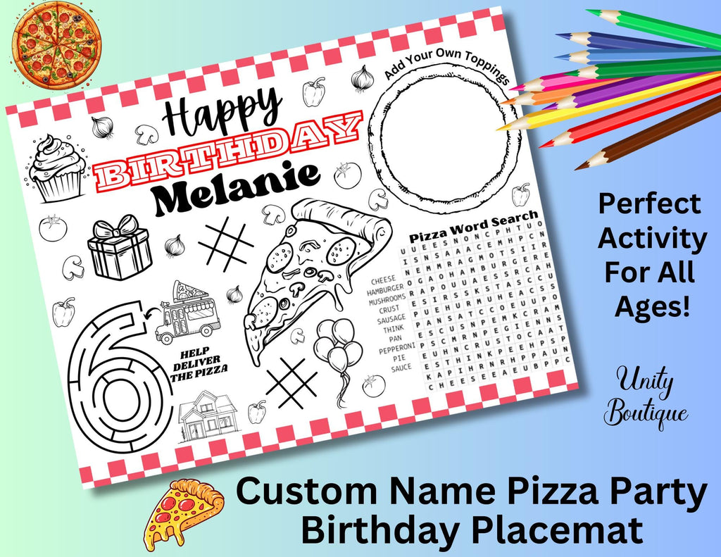 Personalized Pizza Party Placemat Coloring Page, Pizza Party Favor