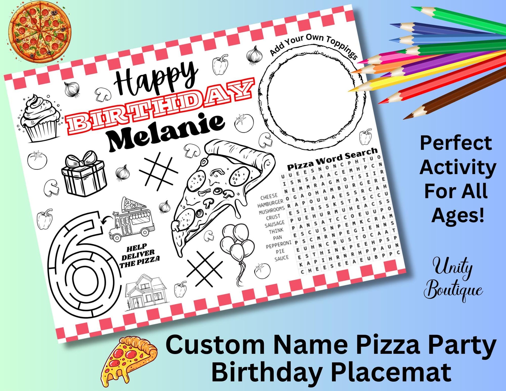 Personalized Pizza Party Placemat Coloring Page, Pizza Party Favor