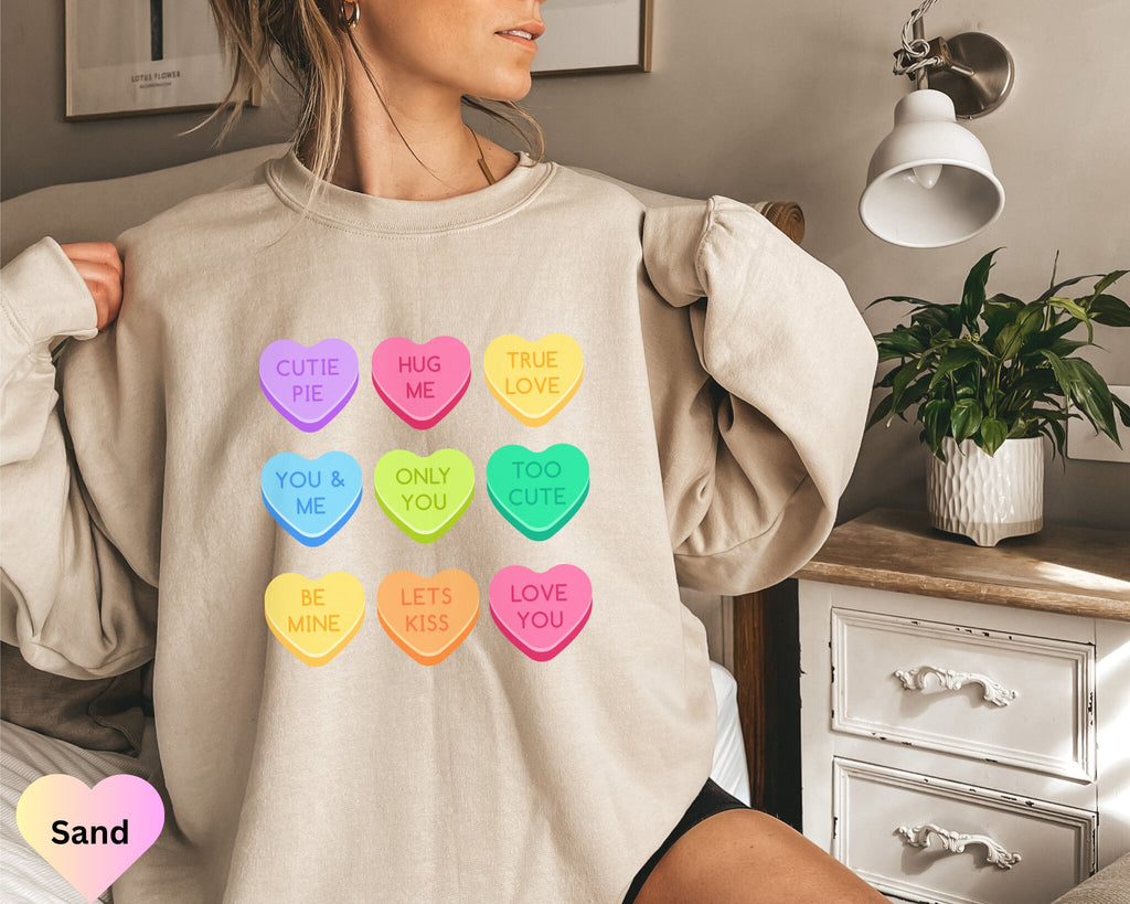 Candy Heart Sweatshirt, Heart Sweatshirt, Cute Valentine's Sweater, Valentines Day Gift, Gift for Her, Conversation Hearts Sweatshirt Retro
