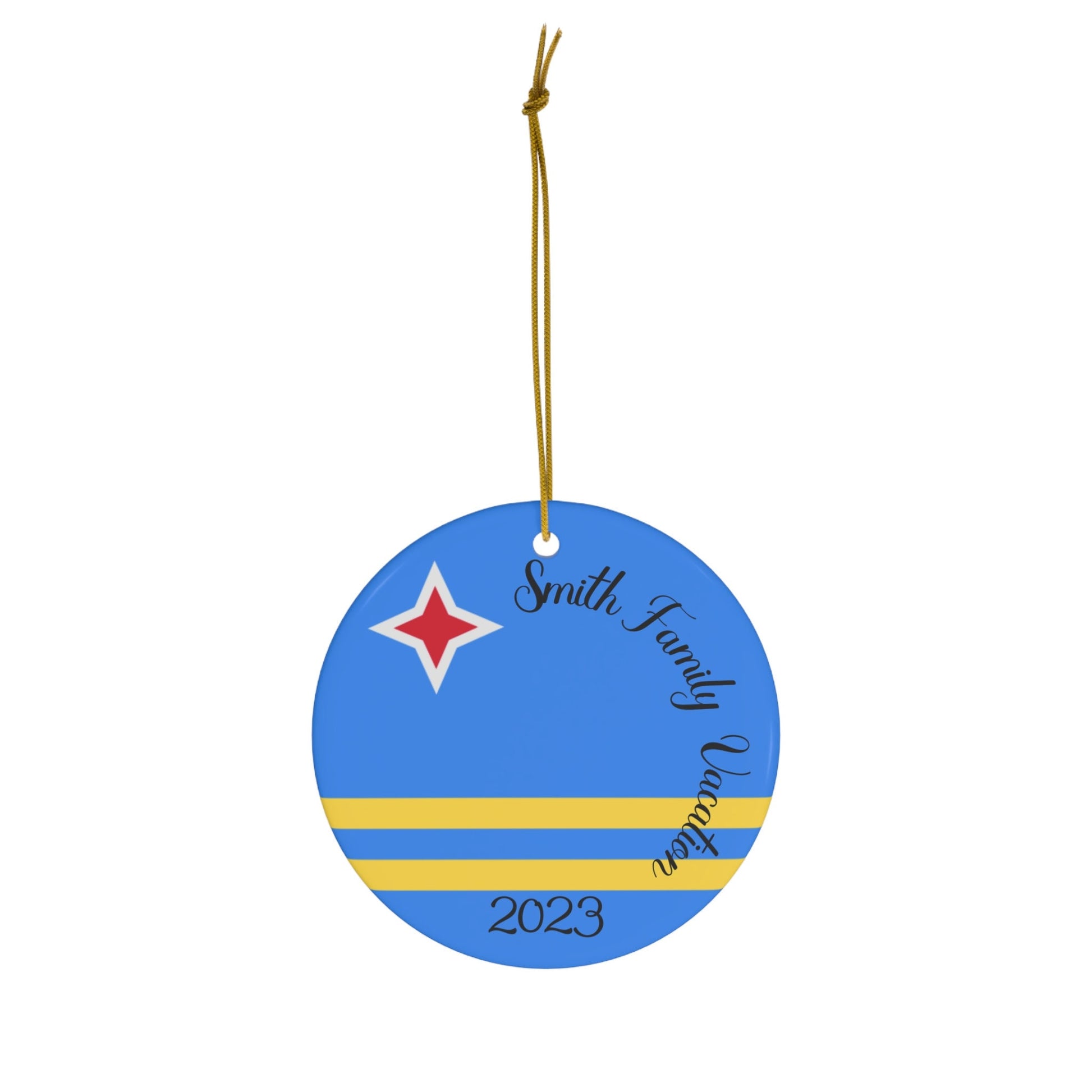 Personalized Aruba Ceramic Ornament Christmas Decor, Holiday Decoration, Aruban Flag, World Travel, Caribbean Island, Blue, Yellow, Souvenir