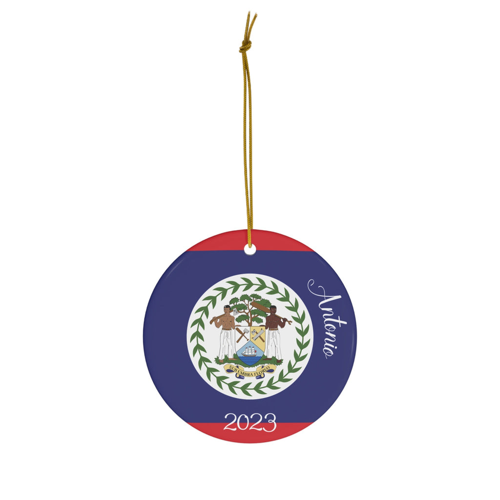 Personalized Belize Christmas Ornament Belizean Flag Inspired Print, Caribbean, Central America, World Travel Gift Souvenir Ceramic, Circle