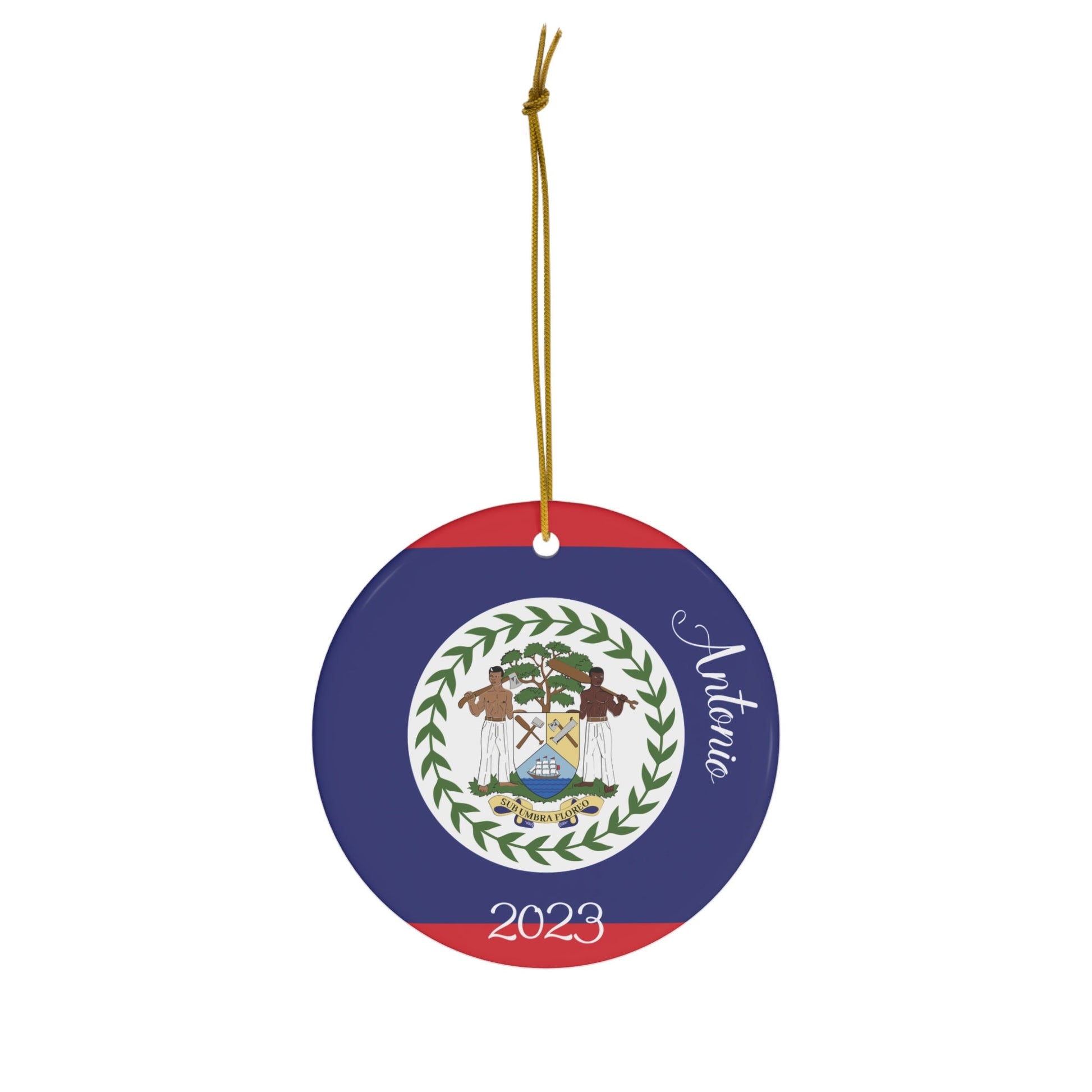 Personalized Belize Christmas Ornament Belizean Flag Inspired Print, Caribbean, Central America, World Travel Gift Souvenir Ceramic, Circle