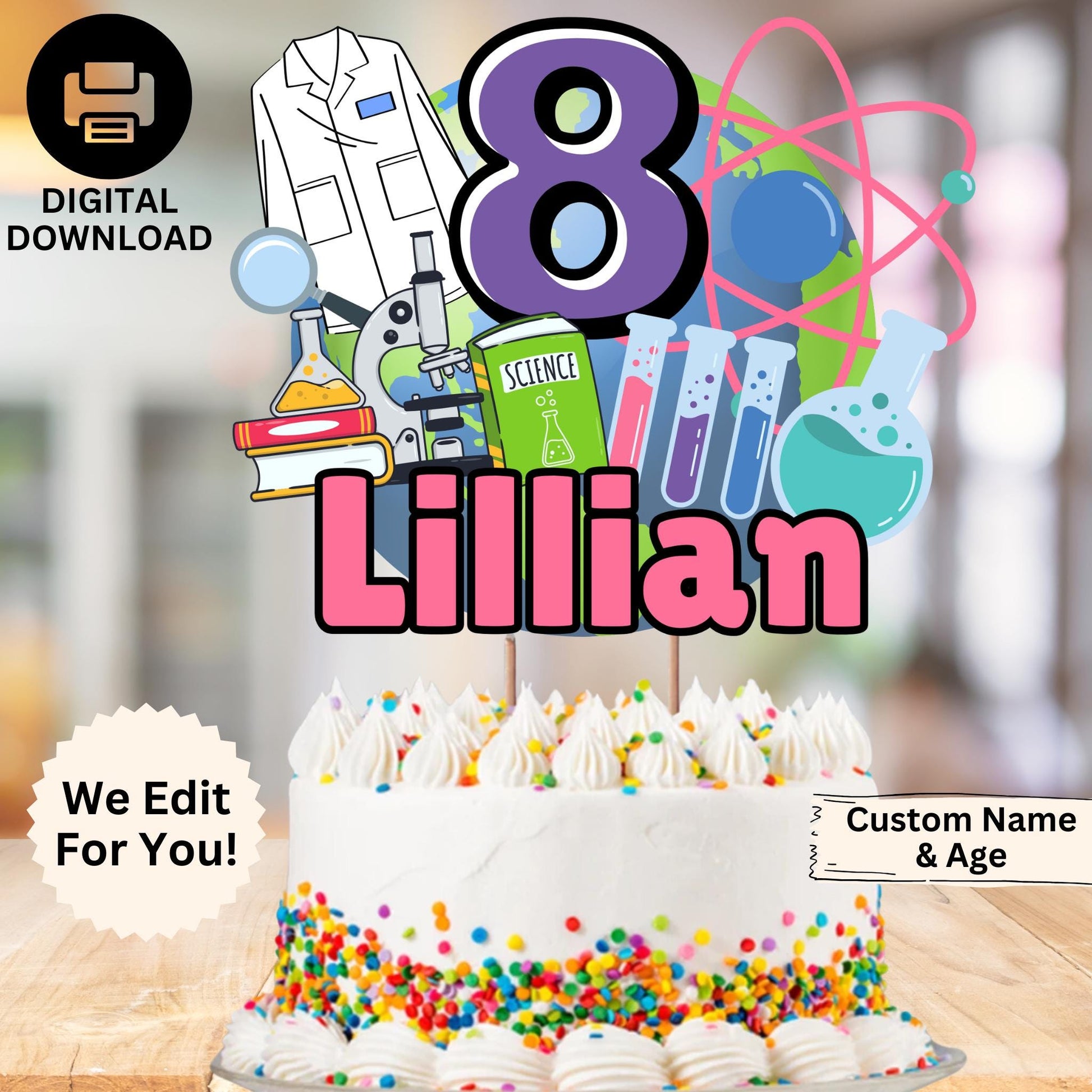 Personalized Science Birthday Theme Cake Topper, STEM Party Decor