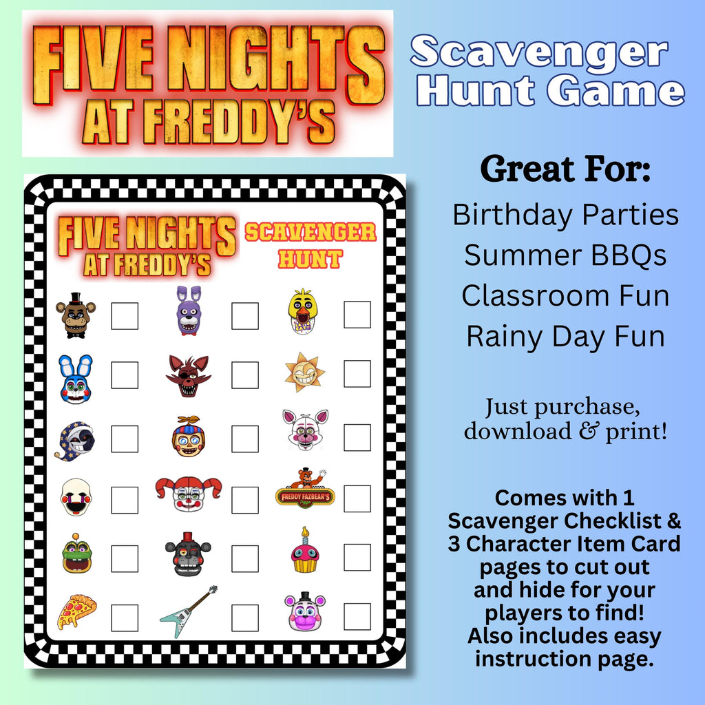 FNAF Scavenger Hunt Game, Printable FNAF Party Game, Freddy Fazbear Scavenger Hunt, FNAF Pizza Party Favors, Five Nights Instant Download