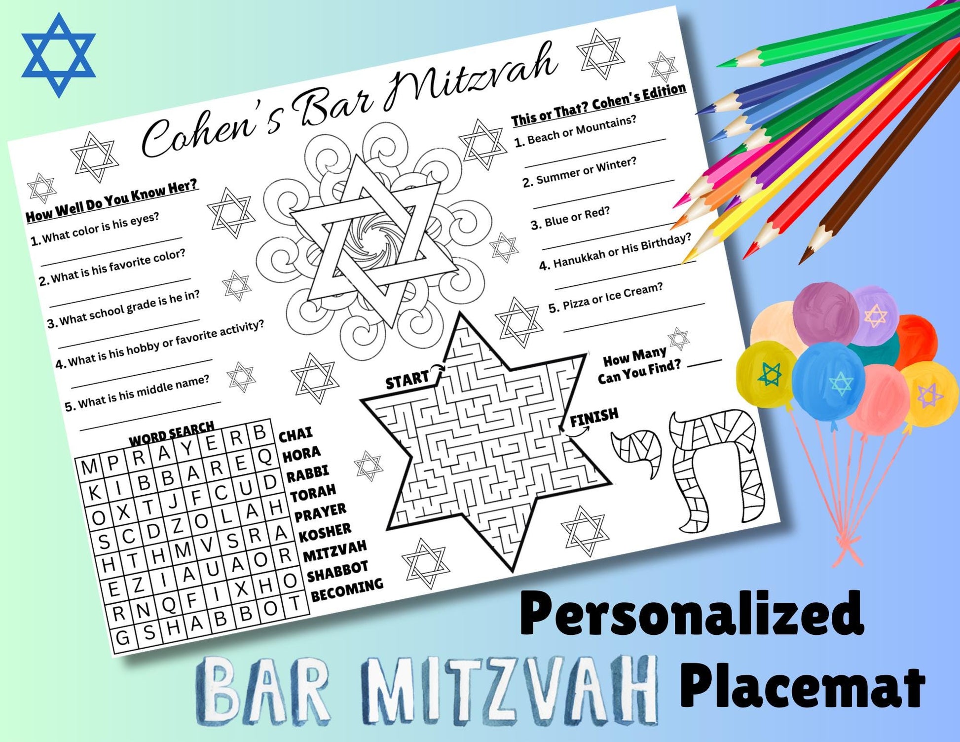 Personalized Bar Mitzvah Placemat, Kids Bar Mitzvah Activity Sheet, Bar Mitzvah Games, Bar Mitzvah Party Favors, Jewish Party Coloring Page