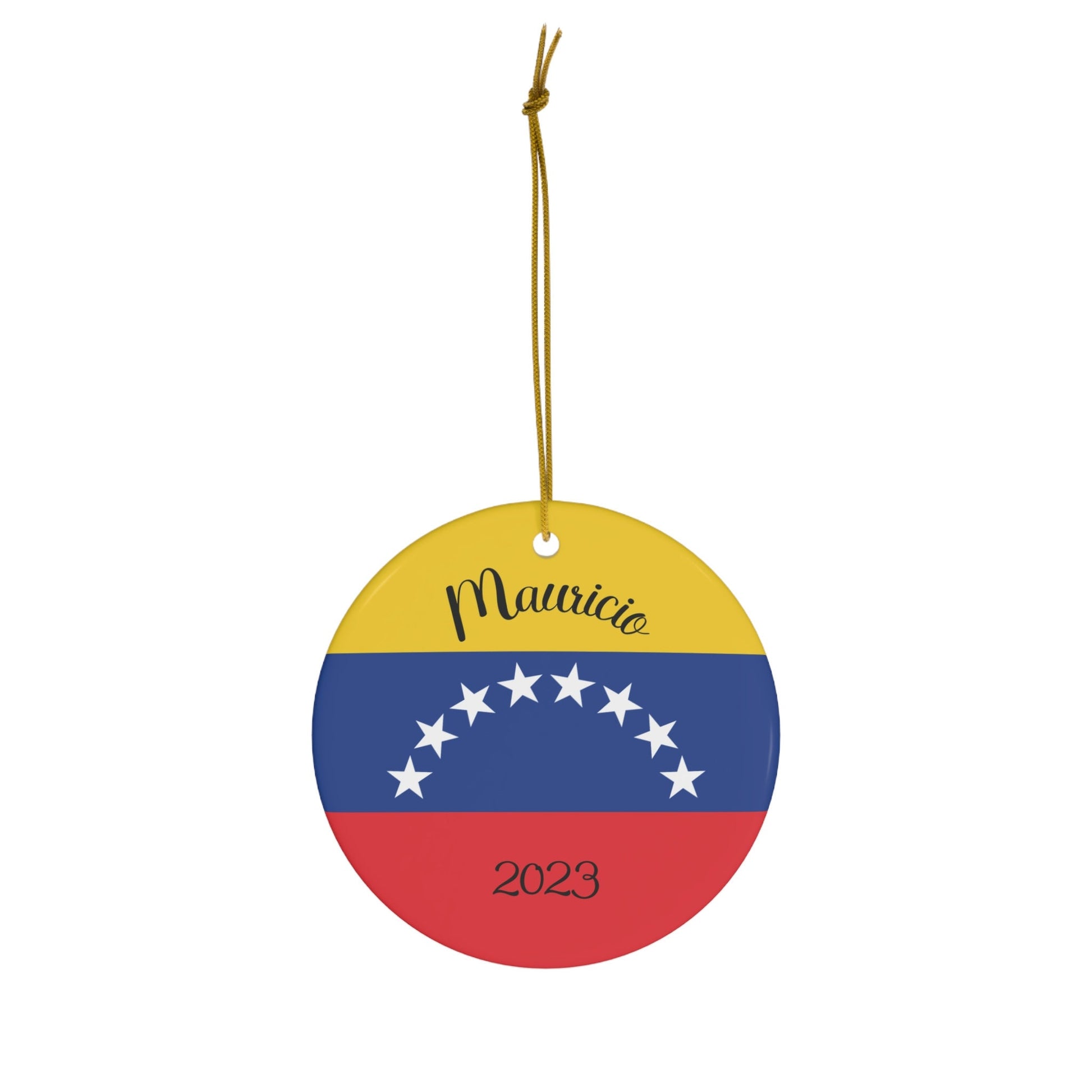 Personalized Venezuela Venezuelan Flag Inspired Yellow Red Blue White Round Ceramic Christmas Ornament Gift Decoration Holiday World Travel