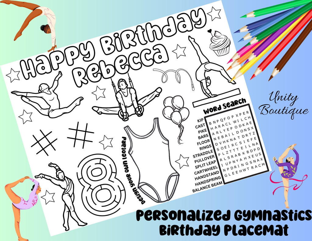 Personalized Gymnastics Themed Birthday Activity Placemat, Gymnastics Party Favor