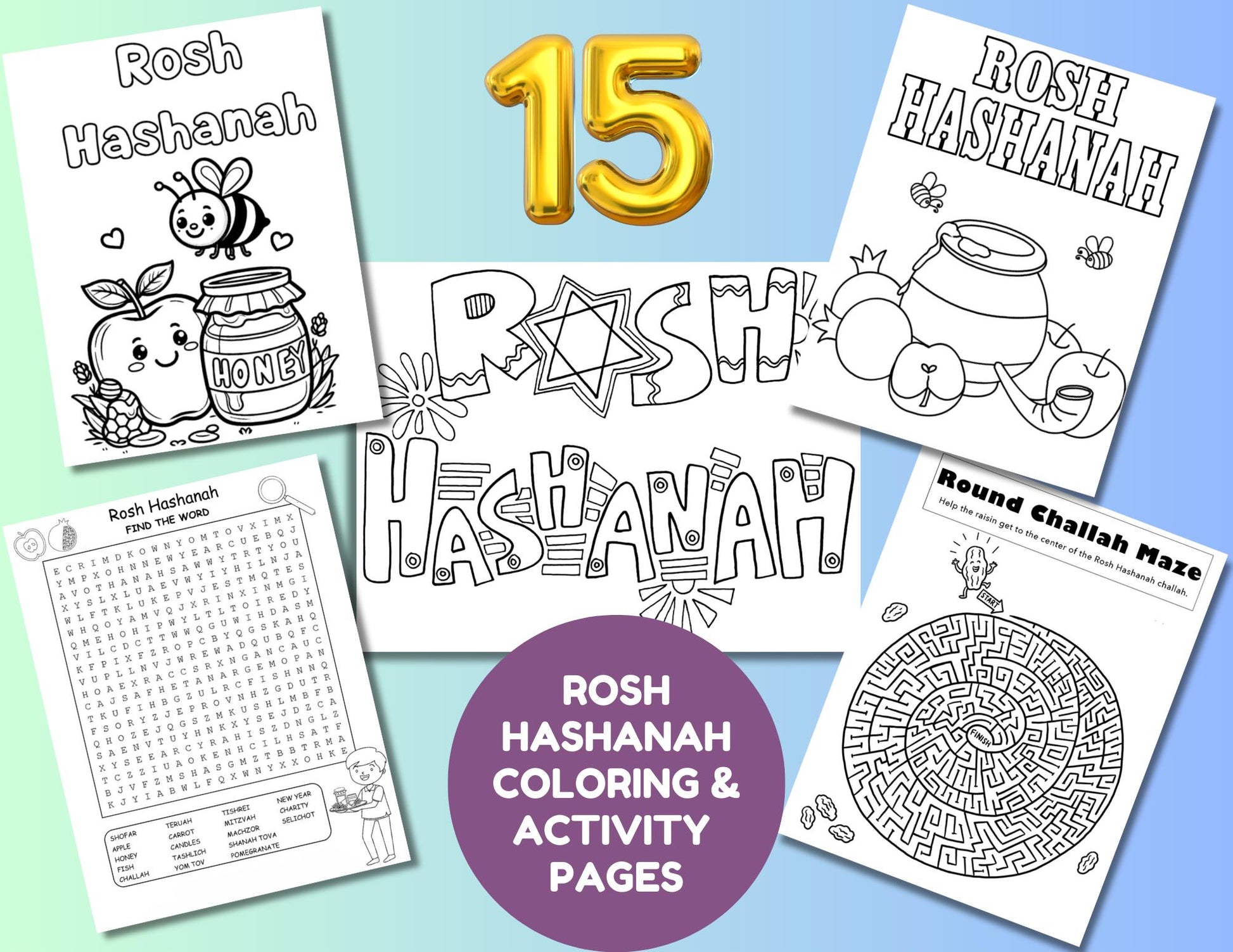 15 Rosh Hashanah Coloring Activity Pages For Kids, High Holidays Coloring Pages, Rosh Hashanah Printables, Jewish Holiday Activity Coloring