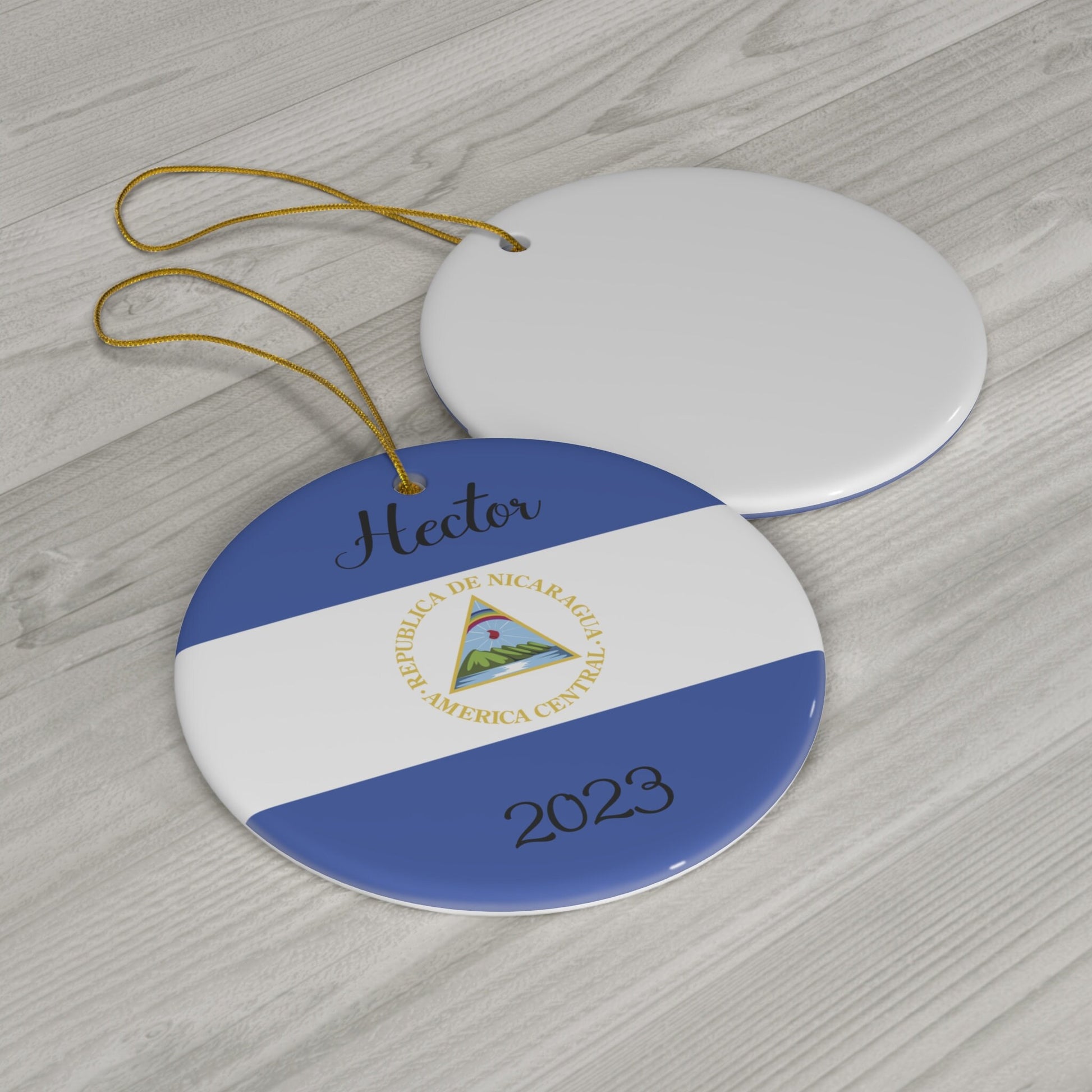 Personalized Nicaragua Ornament Nicaraguan Flag Inspired Blue, White Round Porcelain Ceramic Christmas Ornament Gift Decoration Holiday Gift
