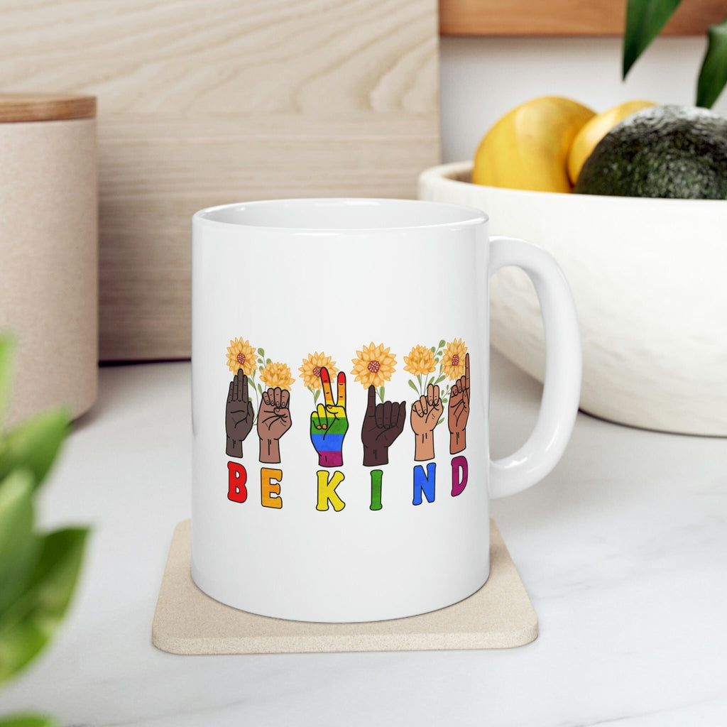 Be Kind Sign Language Mug, ASL Coffee Cup, Sunflower ASL Coffee Cup, Hand Sign Language Mug, Deaf Community Mug, Holiday Gift, Kindness Mug