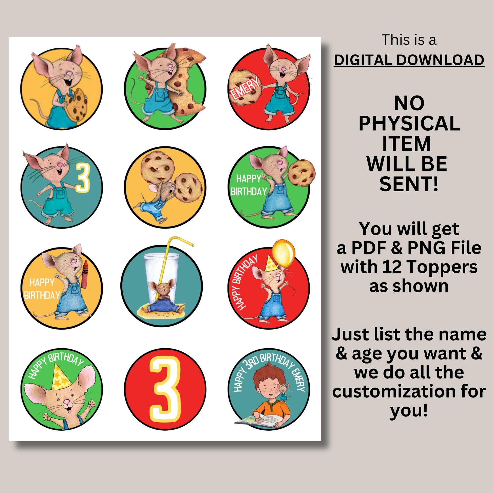 Personalized Give Mouse A Cookie Cupcake Toppers, Give A Mouse A Cookie Storybook Party Theme Decoration