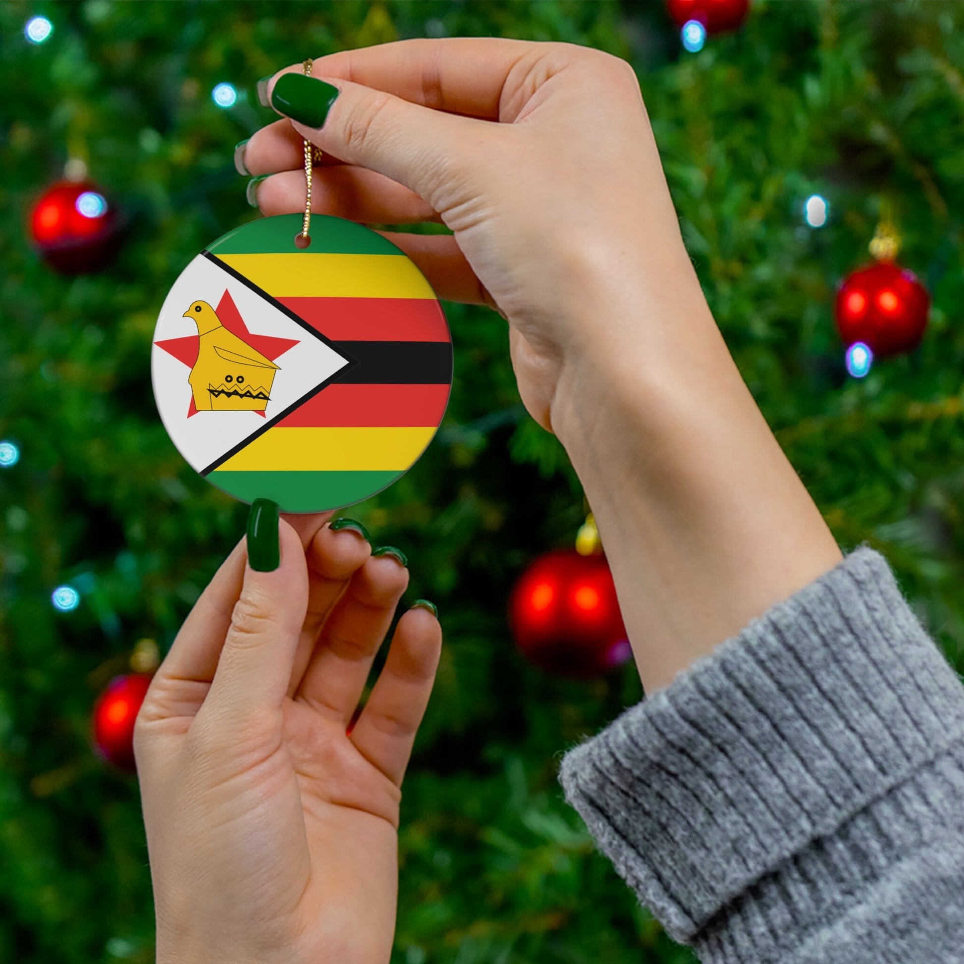 Personalized Zimbabwe Ceramic Christmas Ornament Zimbabwean Flag Round Porcelain Gift Custom Holiday Decoration World Heritage Travel Themed
