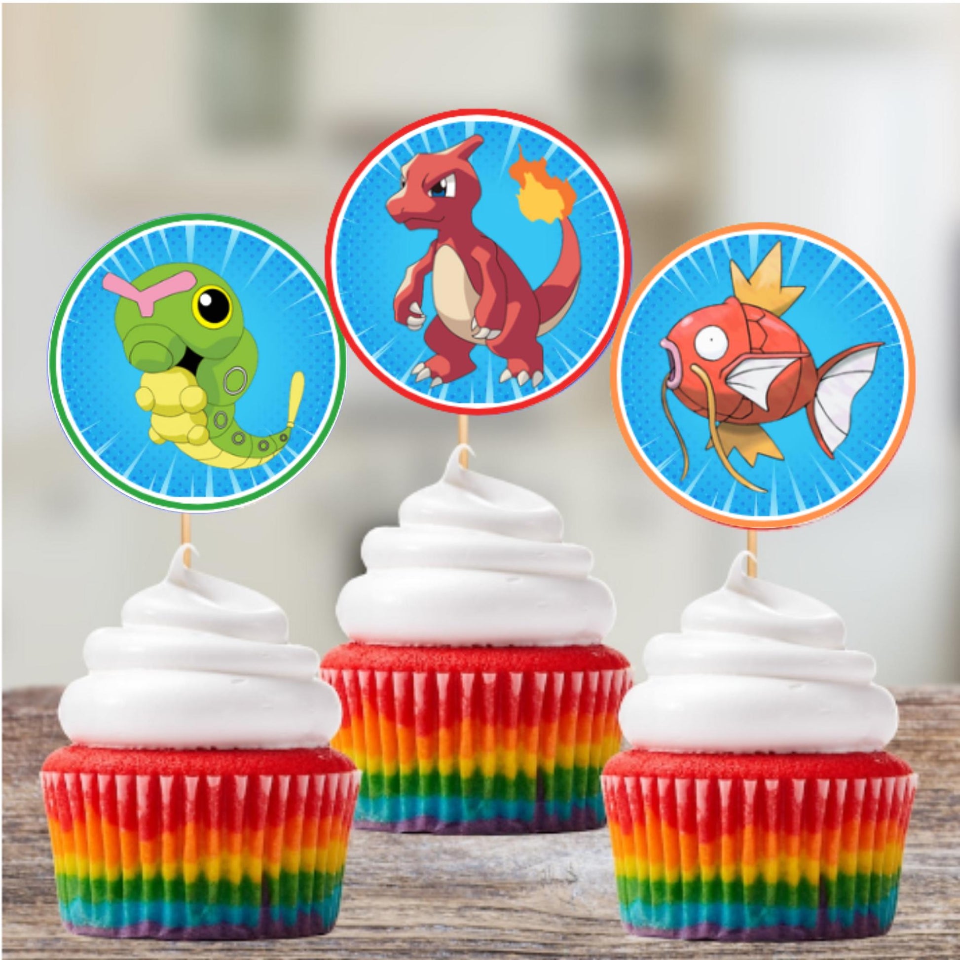 Personalized Pokemon Cupcake Toppers, Custom Pokemon Party Decor, Gotta Catch Em All Pikachu Party Supplies