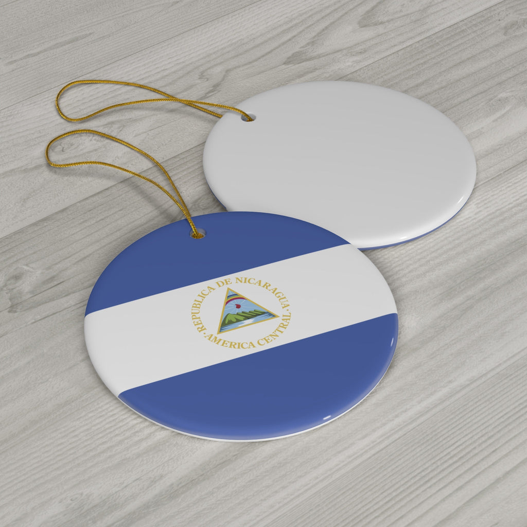 Personalized Nicaragua Ornament Nicaraguan Flag Inspired Blue, White Round Porcelain Ceramic Christmas Ornament Gift Decoration Holiday Gift