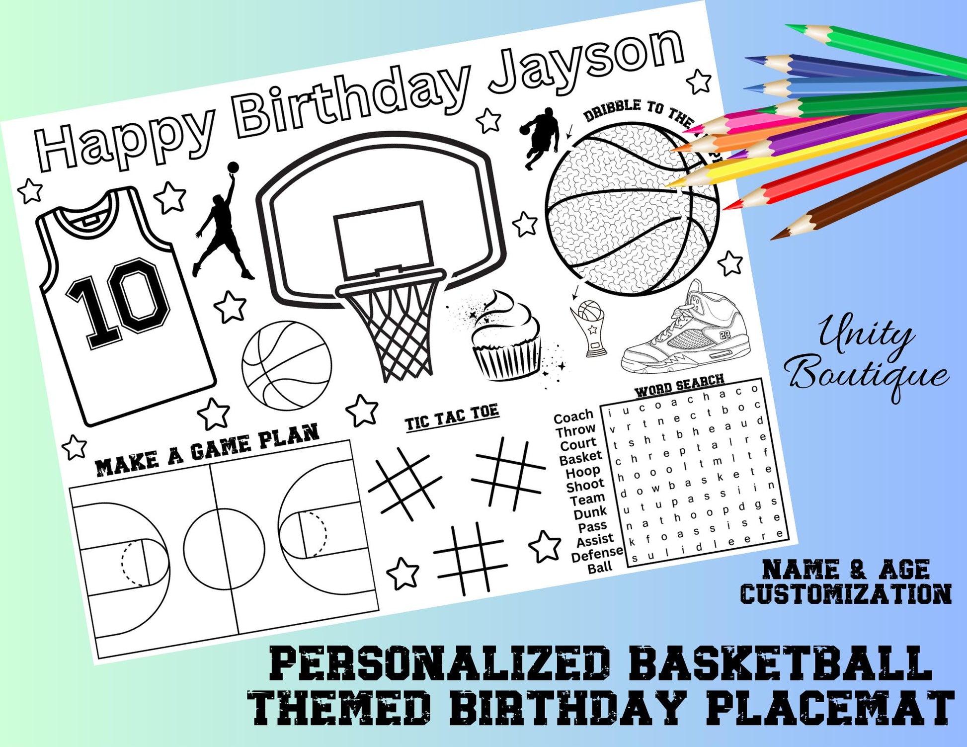 Personalized Basketball Birthday Activity Placemat, Basketball Party Favors