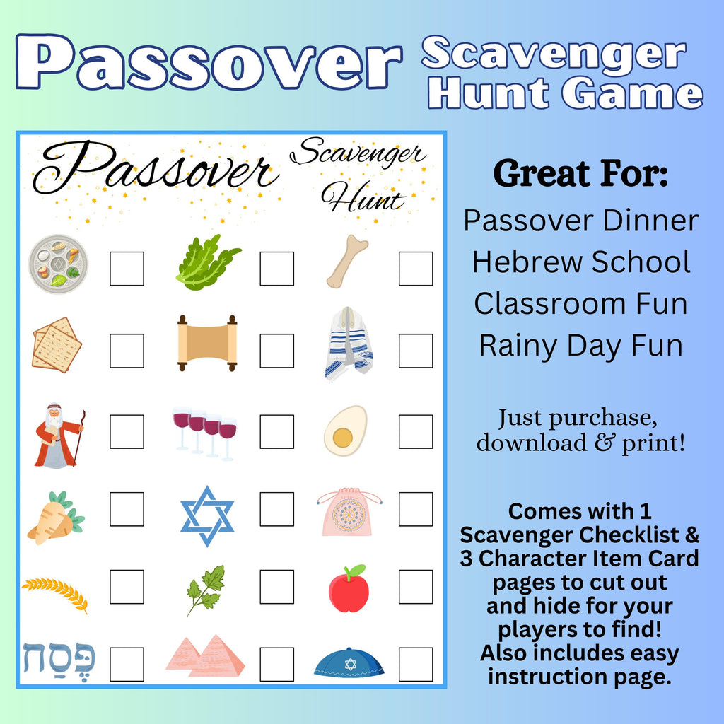 Passover Scavenger Hunt, Passover Game, Jewish Holiday Game, Jewish Scavenger Hunt, Kids Passover Instant Download