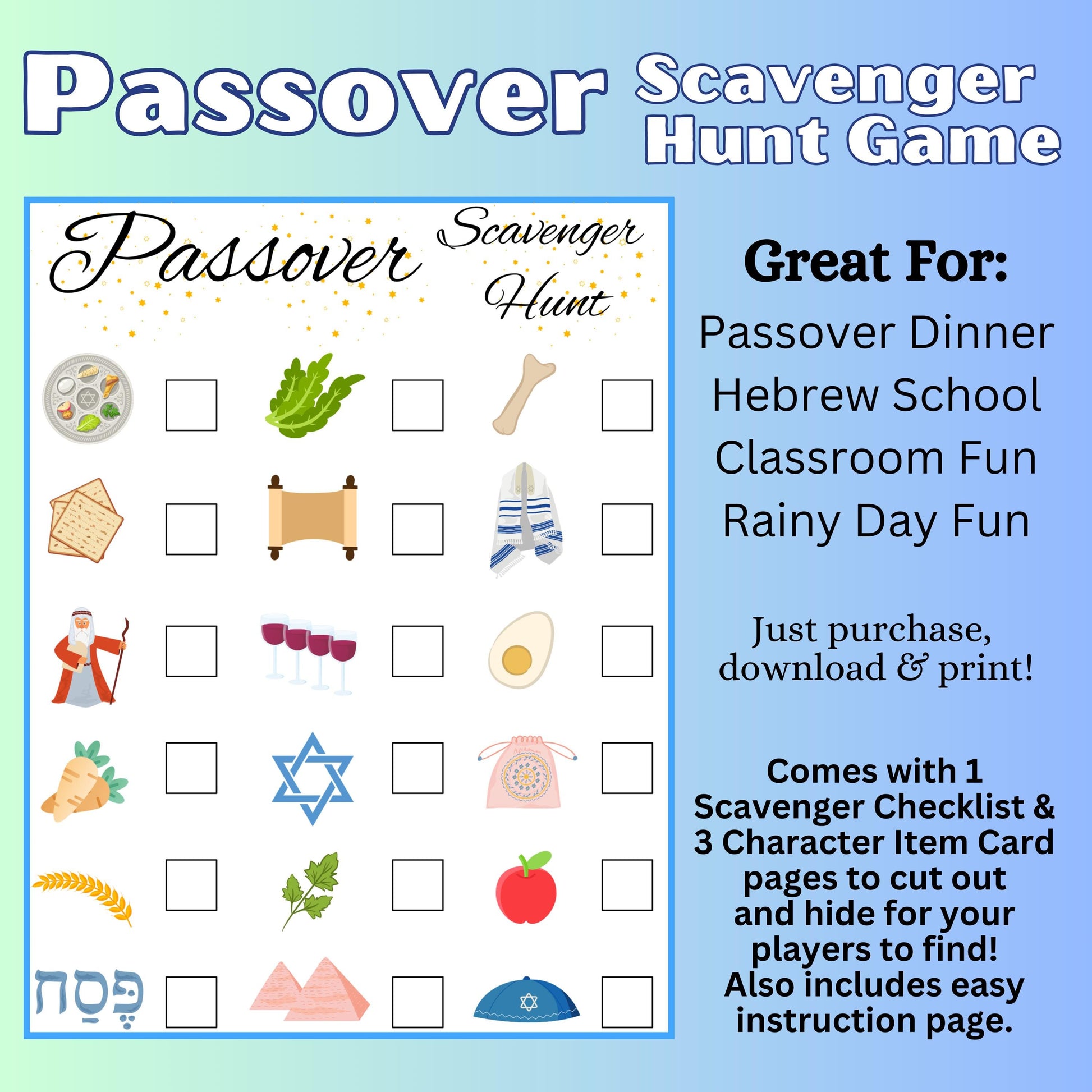 Passover Scavenger Hunt, Passover Game, Jewish Holiday Game, Jewish Scavenger Hunt, Kids Passover Instant Download