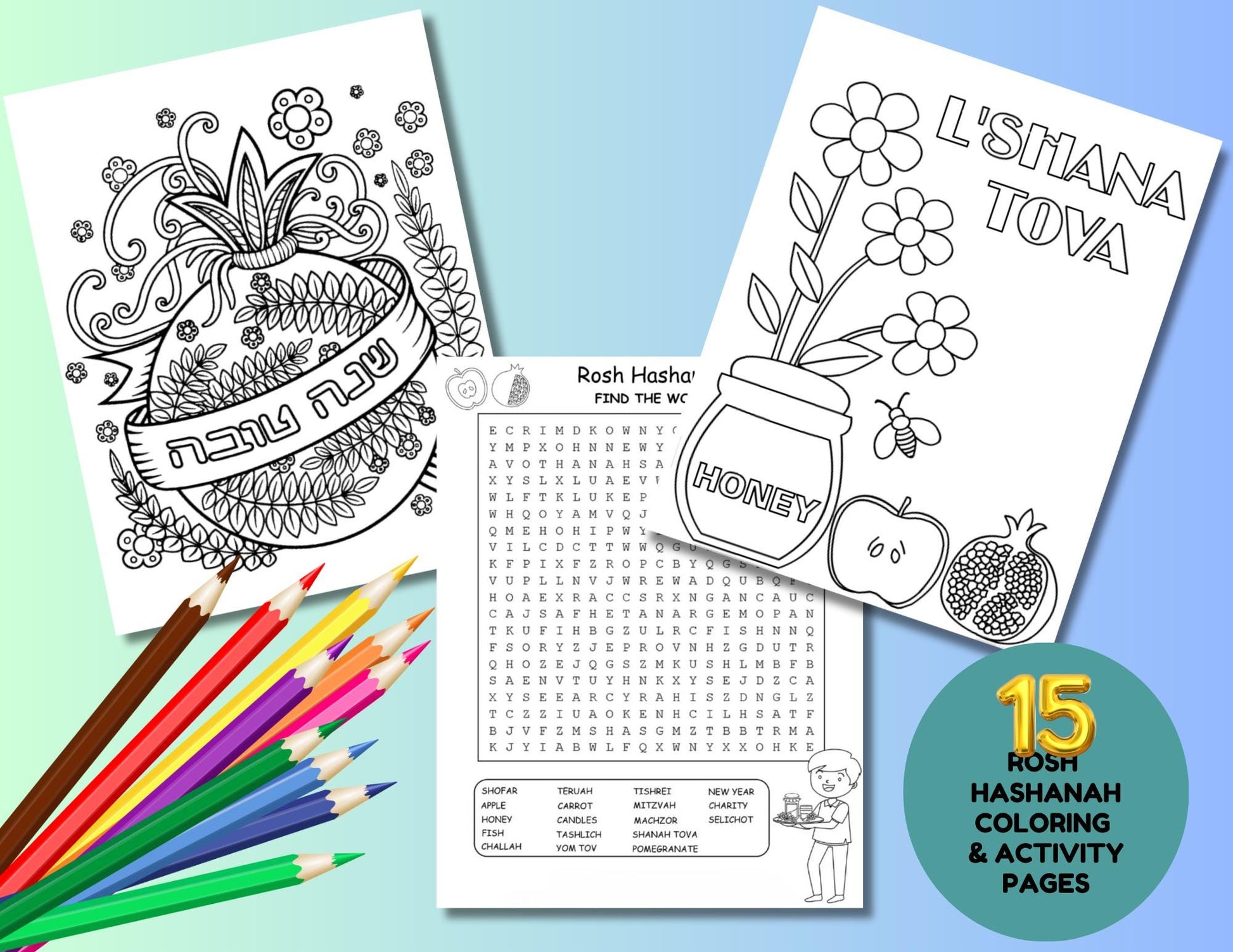 15 Rosh Hashanah Coloring Activity Pages For Kids, High Holidays Coloring Pages, Rosh Hashanah Printables, Jewish Holiday Activity Coloring