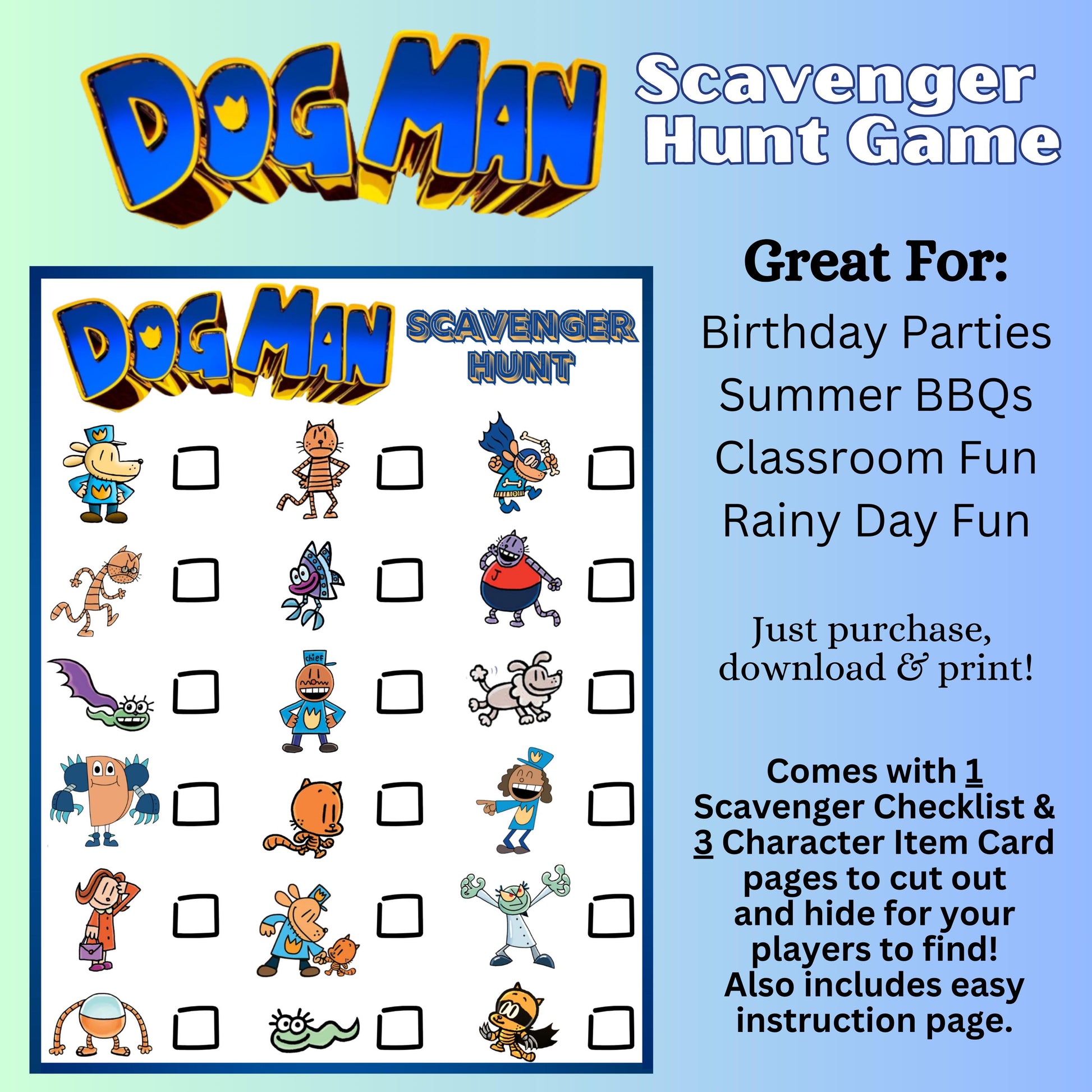 Dog Man Scavenger Hunt Game, Printable Dog Man Party Game, Dogman Birthday Game, Dog Man Themed Party Favor, Dog Man Party Decor