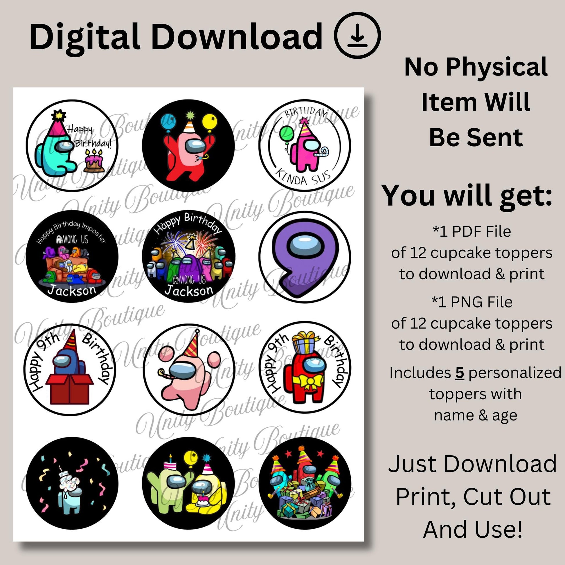 Personalized Among Us Character Cupcake Toppers, Custom Among Us Birthday Cupcake Toppers, Among Imposter Party Decor