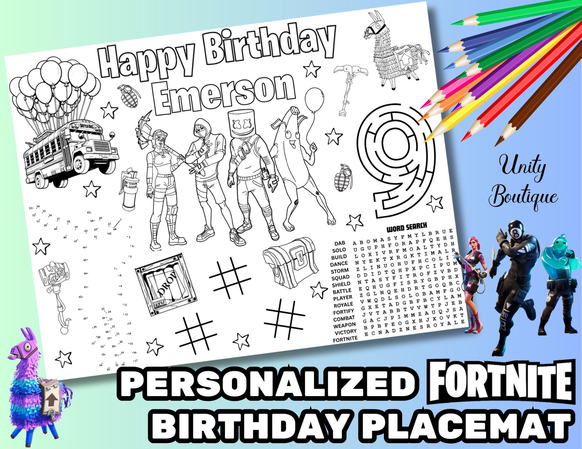 Personalized Fortnite Birthday Activity Placemat, Fortnite Party Favor