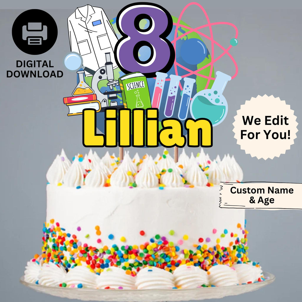 Personalized Science Birthday Theme Cake Topper, STEM Party Decor