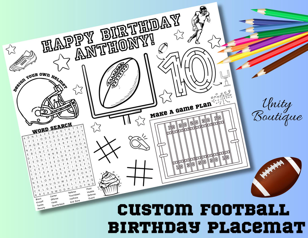 Personalized Football Themed Birthday Activity Placemat