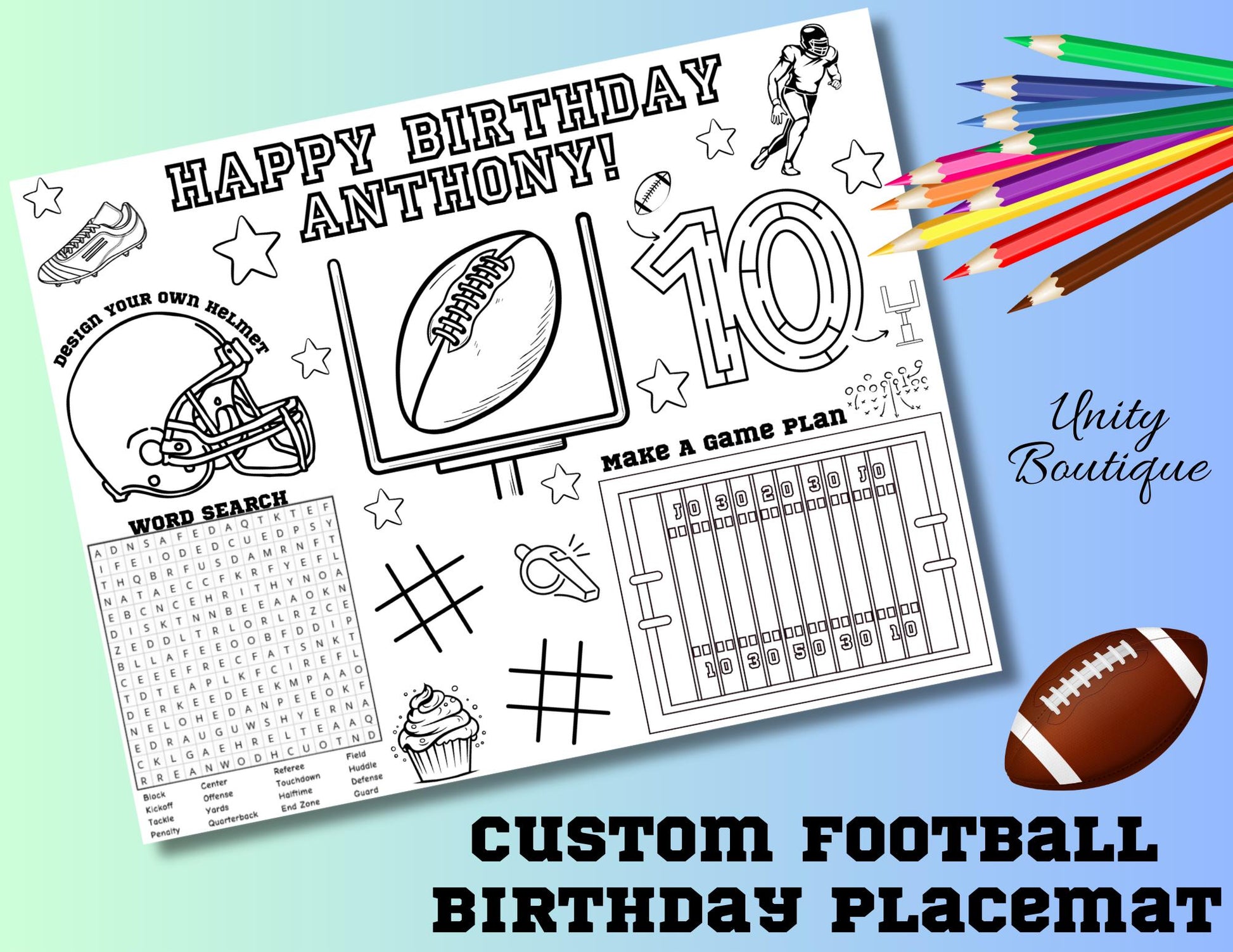 Personalized Football Themed Birthday Activity Placemat