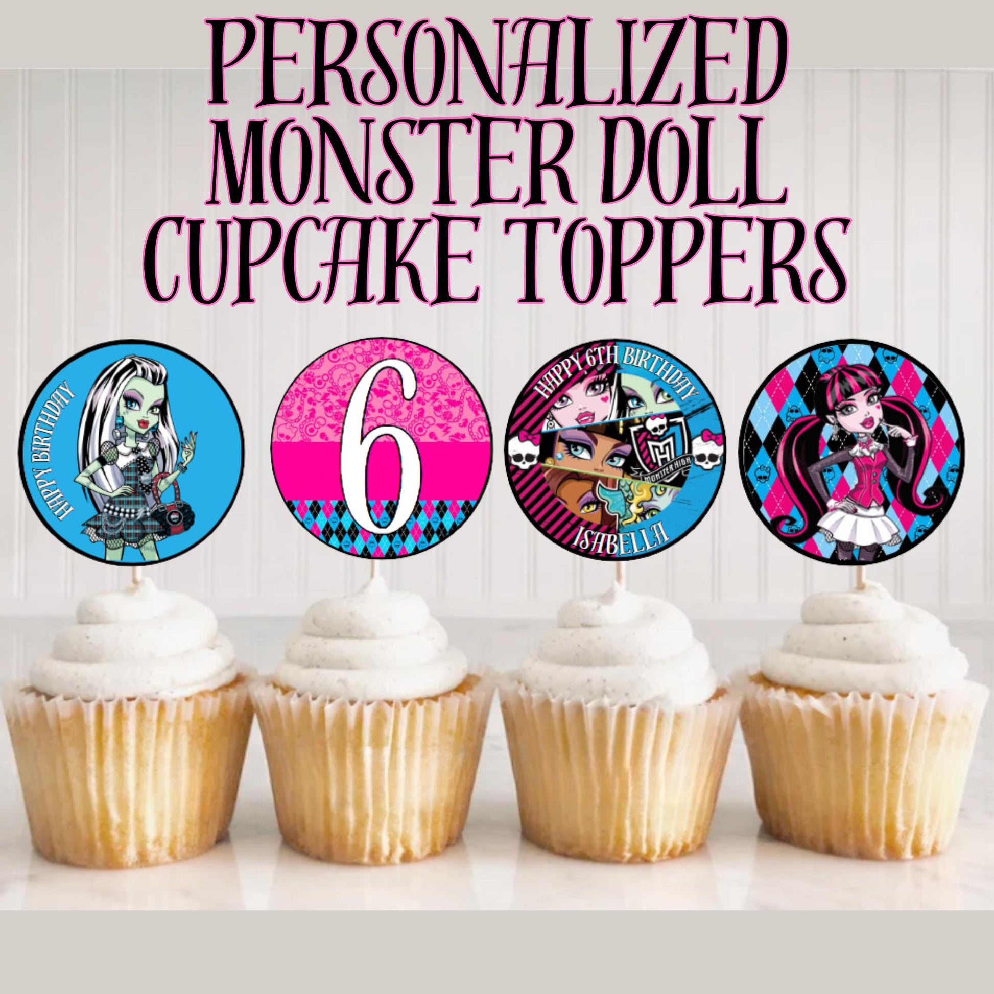 Personalized Monster High Cupcake Toppers, Custom Monster High Doll Theme Party Decor