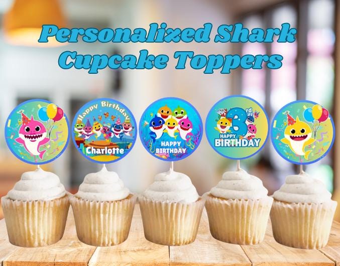 Personalized Baby Shark Birthday Cupcake Toppers,  Custom Baby Shark Party Decoration