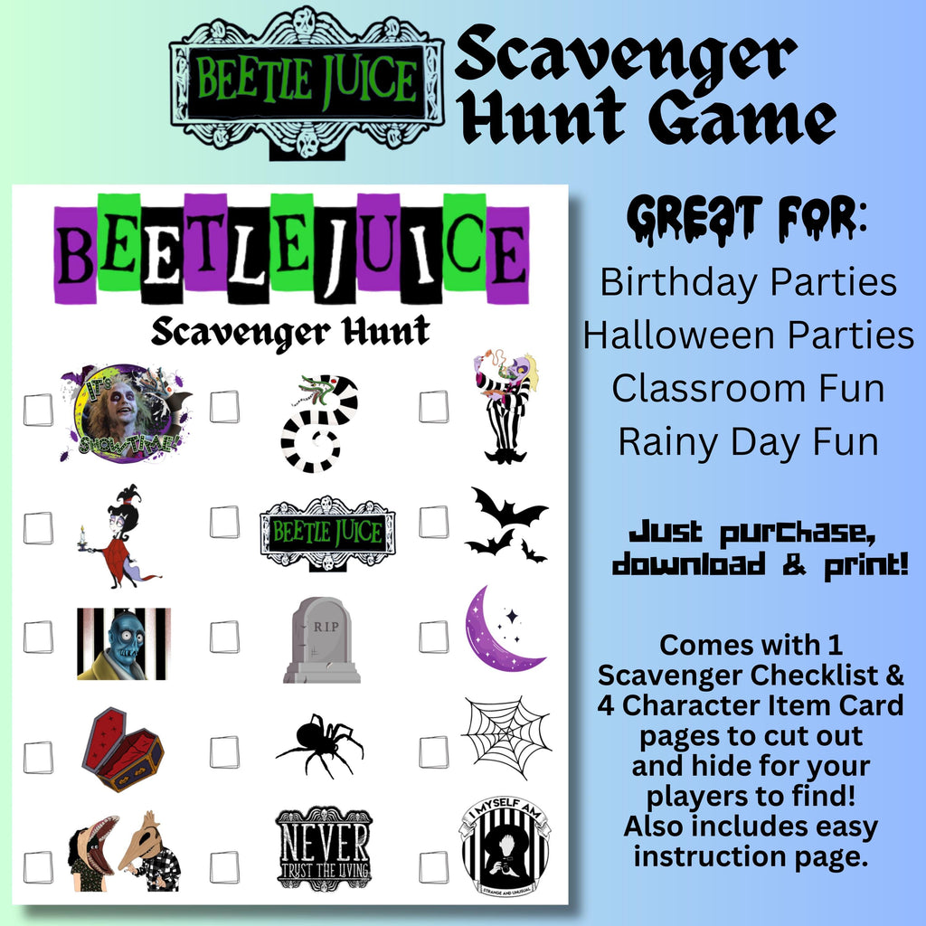 Beetlejuice Scavenger Hunt Game, Beetlejuice Inspired Party Game, Spooky Themed Scavenger Hunt, Its Showtime Birthday Party Game