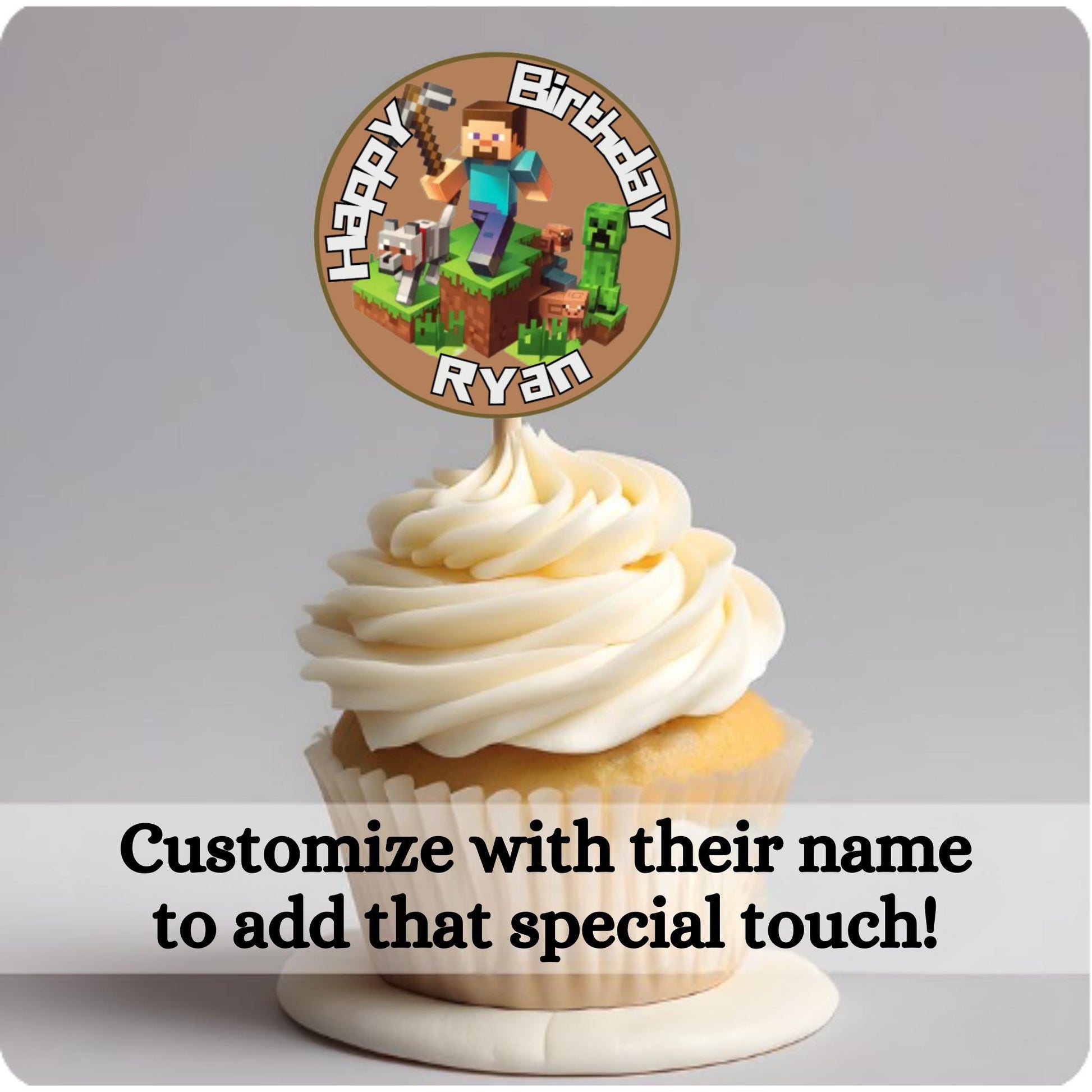 Personalized Minecraft Cupcake Toppers, Mincraft Birthday Theme Cupcake Topper Decorations