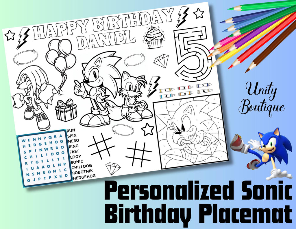 Personalized Sonic the Hedgehog Birthday Activity Placemat, Sonic Party Favor
