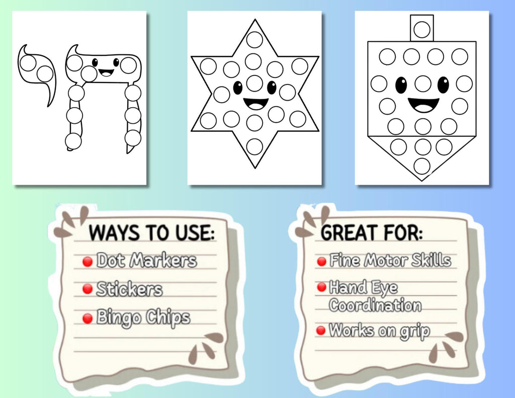 Chanukkah Do A Dot 10 Pages, Hanukkah Dot Marker Printable, Hanukkah Dot Art, Jewish Holiday Dab a Dot Coloring Pages for Toddler & Preschool