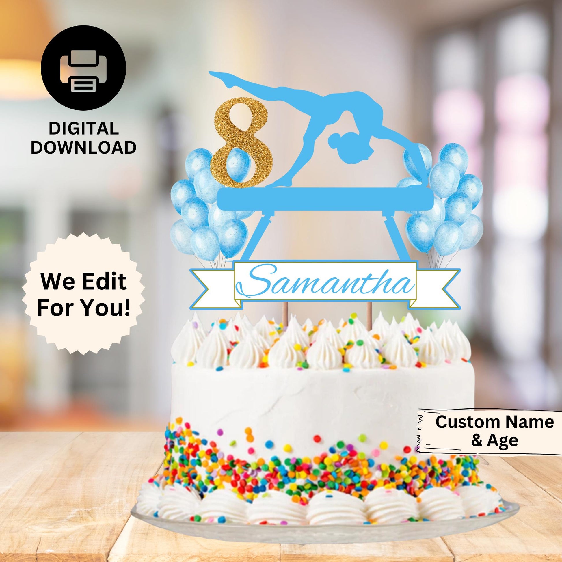 Personalized Gymnastics Birthday Cake Topper, Custom Gymnastics Party Decor