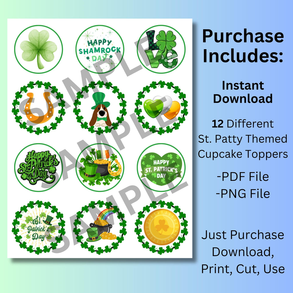 St. Patricks Day Cupcake Toppers, Shamrock Cupcake Toppers, Printable St Pattys Party Decor, St Patrick's  Favors & Labels