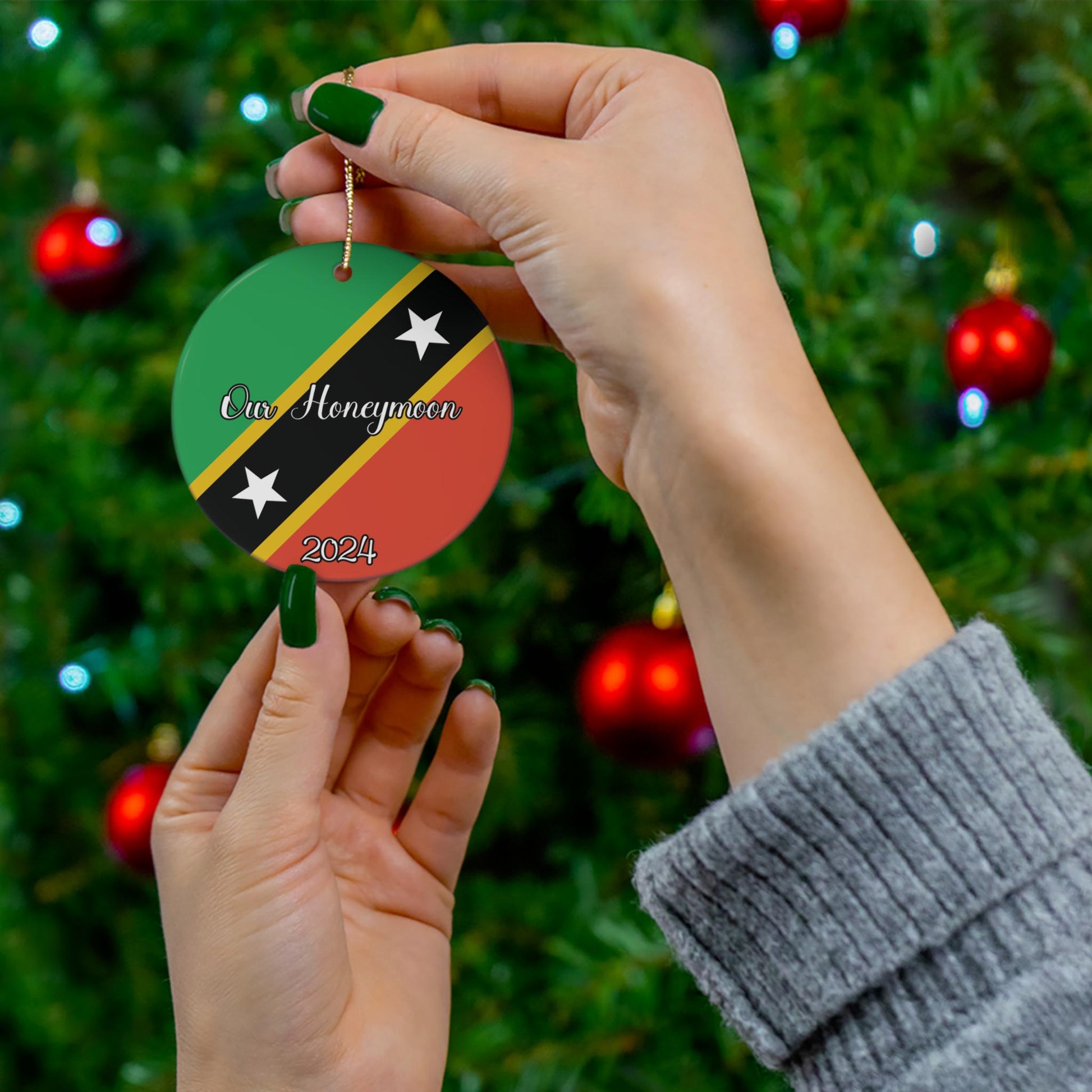 Personalized St. Kitts & Nevis Ceramic Ornament, Kittitian Nevisian Flag Ornament, World Travel Caribbean Gift Souvenir, Island Vacation