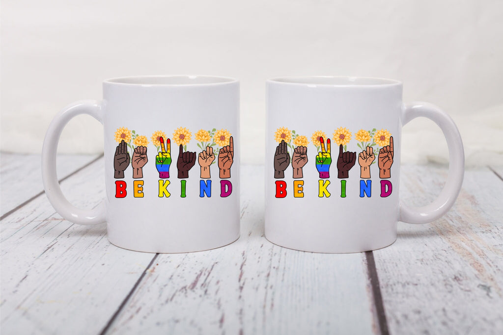 Be Kind Sign Language Mug, ASL Coffee Cup, Sunflower ASL Coffee Cup, Hand Sign Language Mug, Deaf Community Mug, Holiday Gift, Kindness Mug