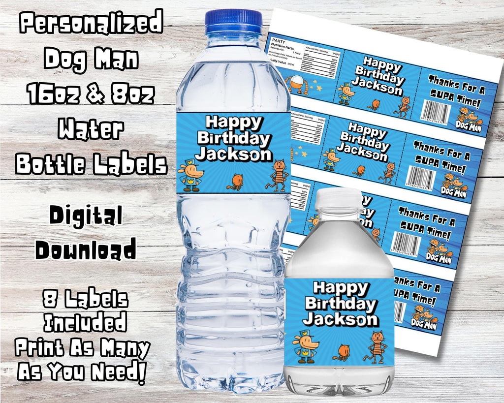 Personalized Dogman Water Bottle Labels, Dogman Birthday Decor, Dogman Stickers, Custom Dogman 16oz 8oz Labels, Dogman Party Favors, Supa