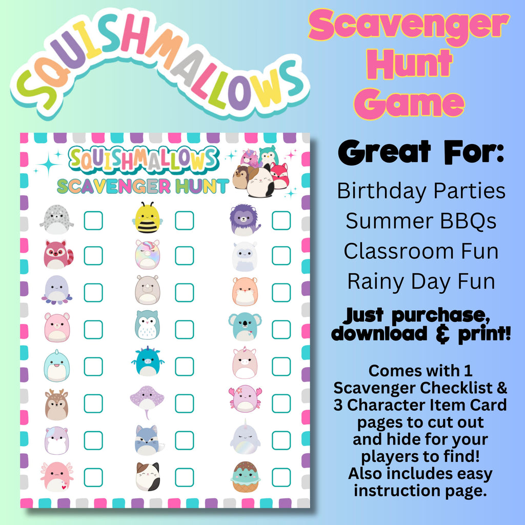 Squishmallow Scavenger Hunt, Printable Instant Download Squishmallow Scavenger Hunt Game, Squish Plushies Birthday Party Game, Stuffies Game