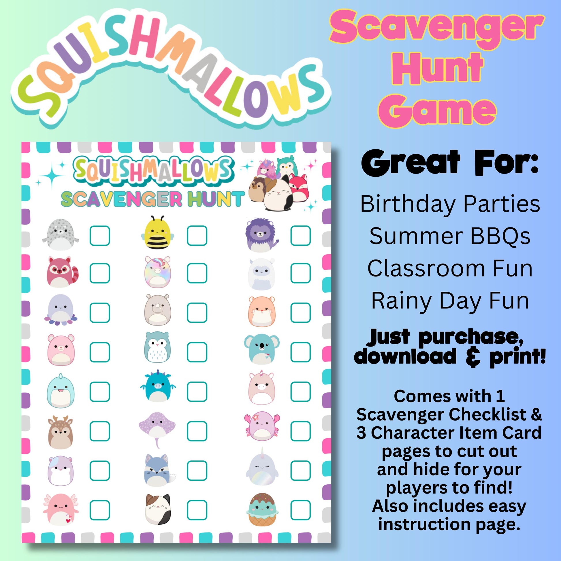 Squishmallow Scavenger Hunt, Printable Instant Download Squishmallow Scavenger Hunt Game, Squish Plushies Birthday Party Game, Stuffies Game