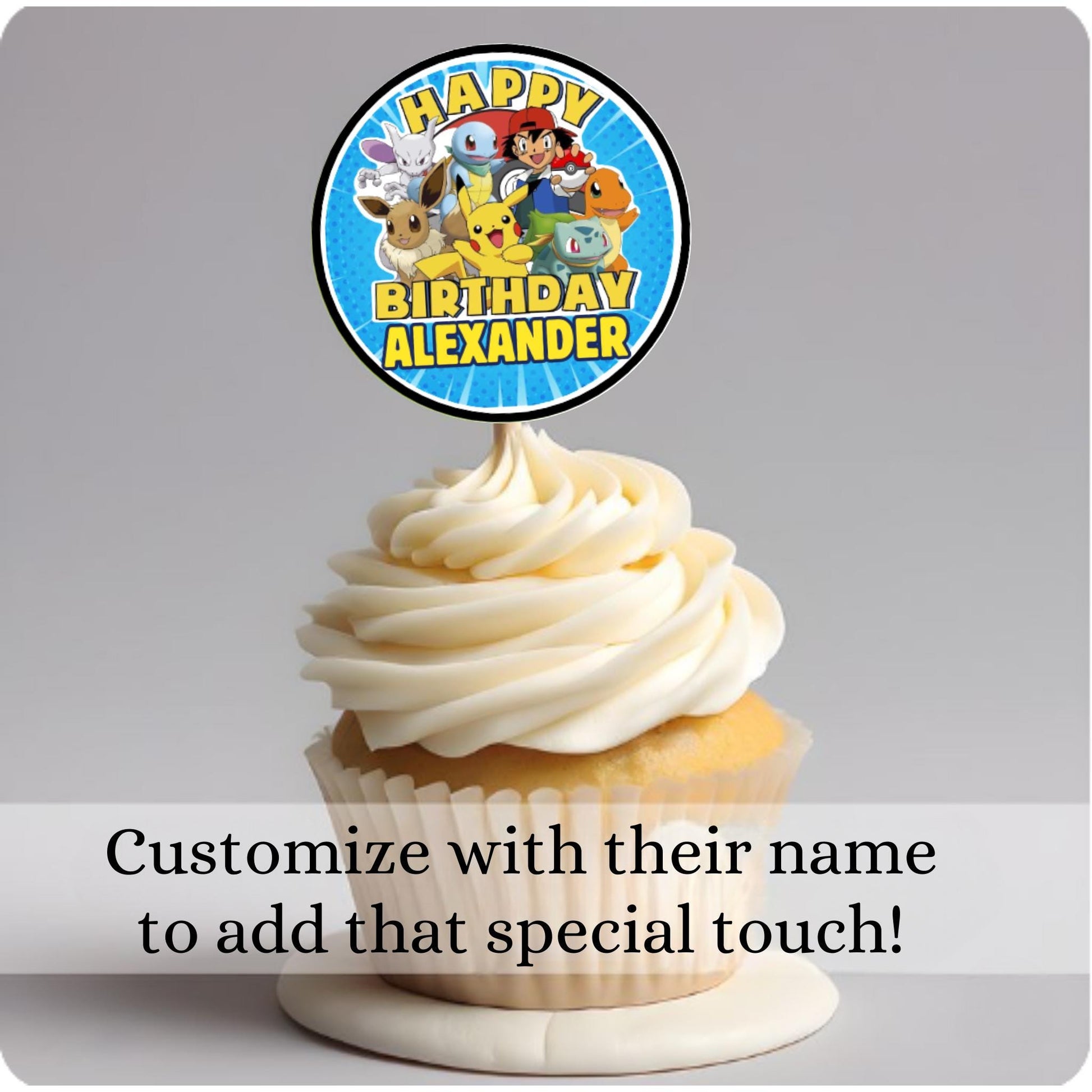 Personalized Pokemon Cupcake Toppers, Custom Pokemon Party Decor, Gotta Catch Em All Pikachu Party Supplies