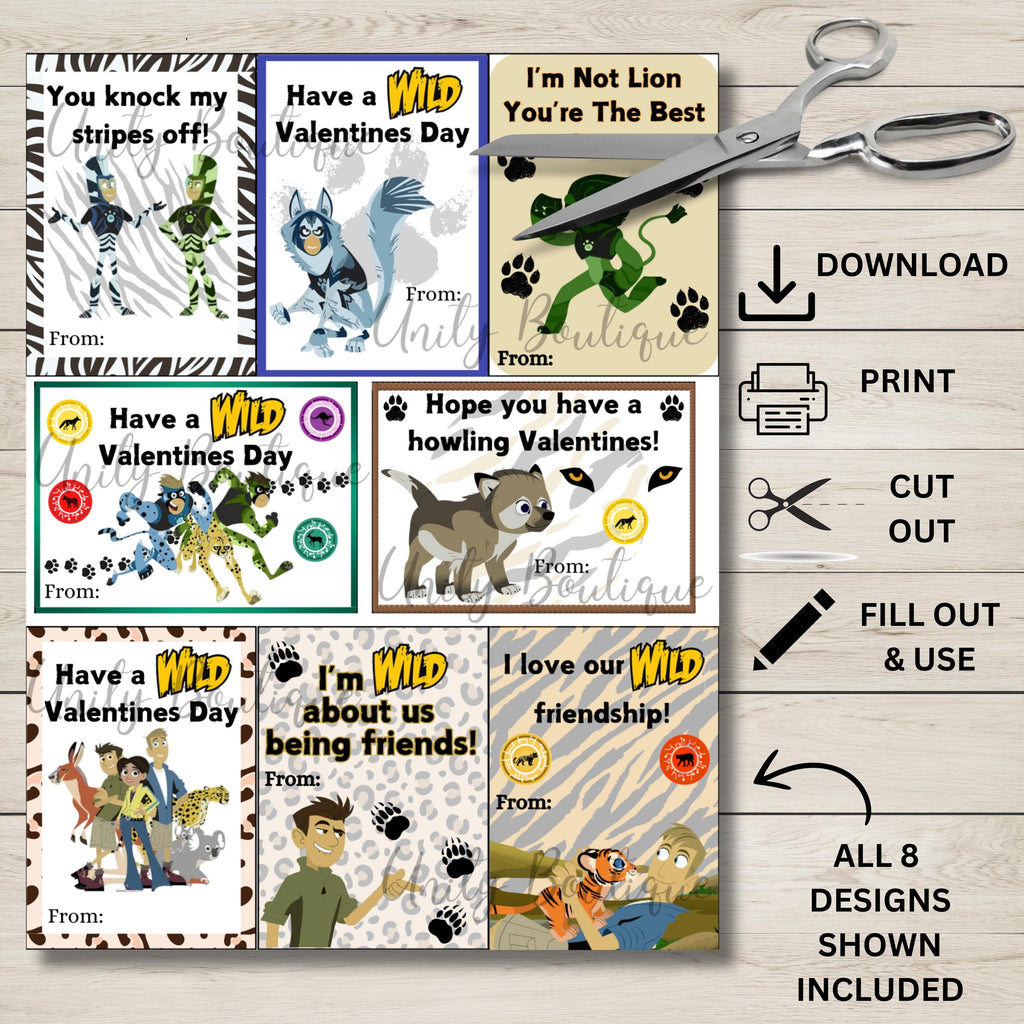 Wild Kratts Valentine's Day Cards instant download, Printable Wild Kratts Valentine Cards, Wild Kratts Happy Valentine's Day cards for class